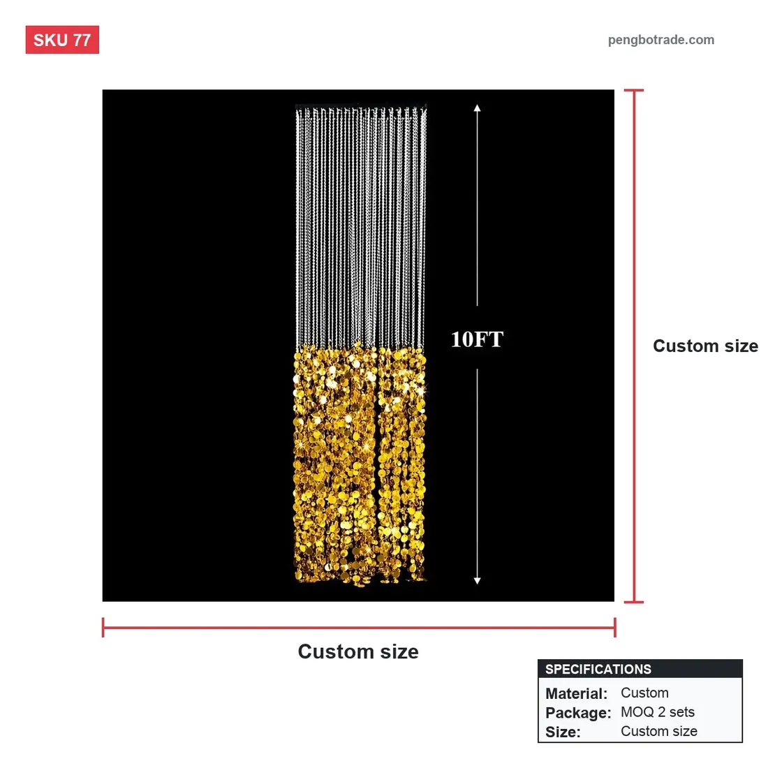 Guirnalda de fondo de boda con cortina de borlas de lentejuelas para fotomatón de fiesta — Paneles de pared brillantes diagrama de tamaño (PB-77)