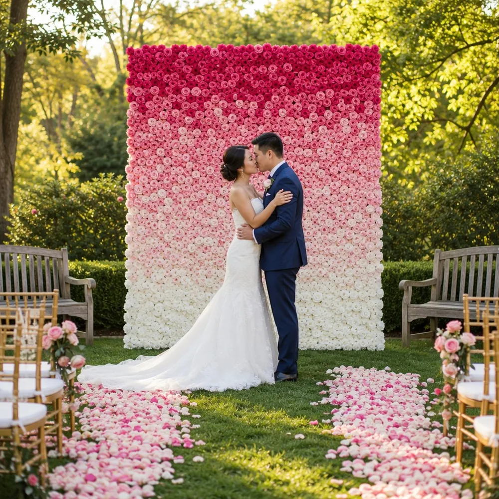 5D rosa Ombre-Rosen-Hochzeitshintergrund, Blumenwand, 2,4 x 2,4 m, für Party, Fotokabine — Blumenwände Event-Setup-Foto (PB-78)