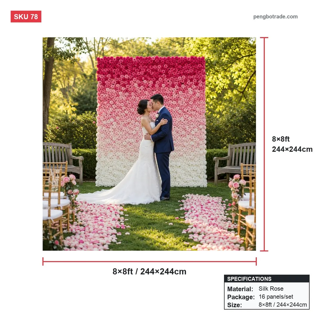 5D rosa Ombre-Rosen-Hochzeitshintergrund, Blumenwand, 2,4 x 2,4 m, für Party, Fotokabine — Blumenwände Größendiagramm (PB-78)