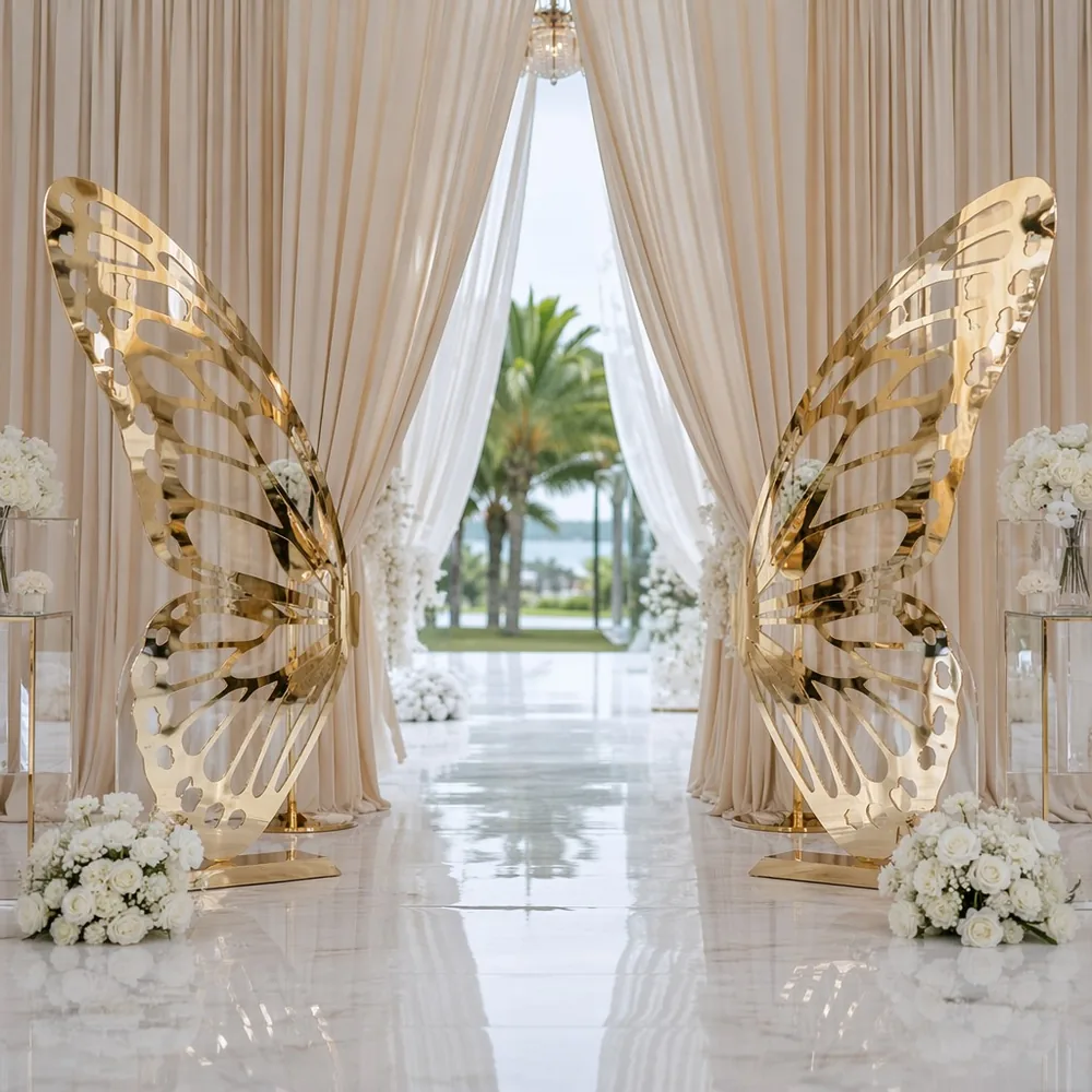 Panel de pie de mariposa con espejo dorado, 1,8/2,2 m, para decoración de fondo de fiesta de boda — Bolas de espejos inflables foto de configuración del evento (PB-79)